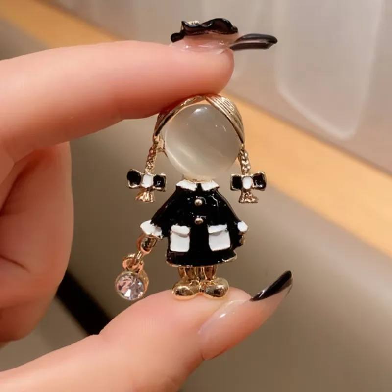 Exquisite Cute Little Girl Black Enamel Brooches For Women Opal Dress Nurse Brooch Pin Drop Clothing Jewelry Accessories Gifts