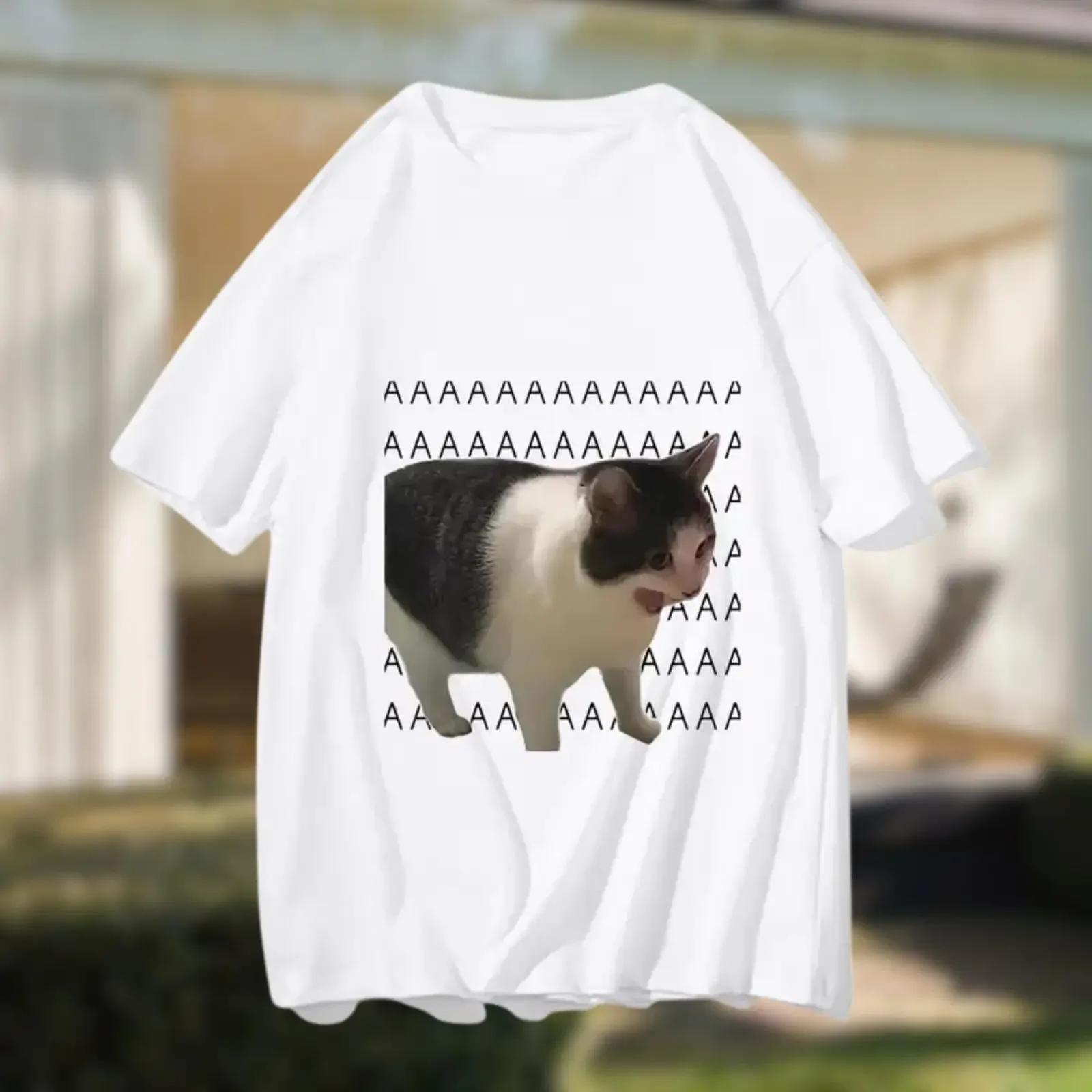Screaming Cat Meme Funny T Shirt Viral Internet Silly Cursed Gag Casual  Top vintage Washed Slightly Versatile