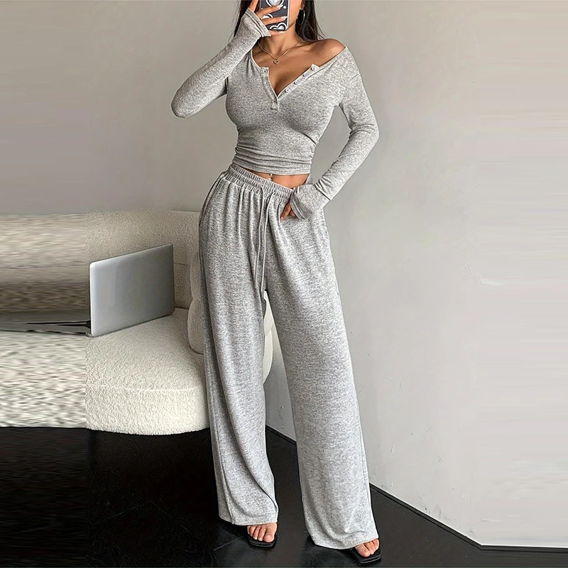 Elegant Sports Pocket Outfits 2025 Solid Women's 2Pcs Tracksuit Casual Skinny V Neck Long Sleeve Pullover+Drawstring Pants Set