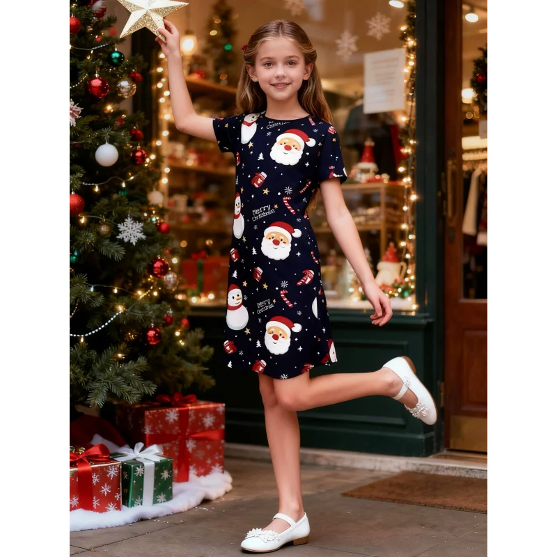 Girls Christmas Themed Short-Sleeved Dress All-Over Printed Holiday Atmosphere Children's Clothing 2026