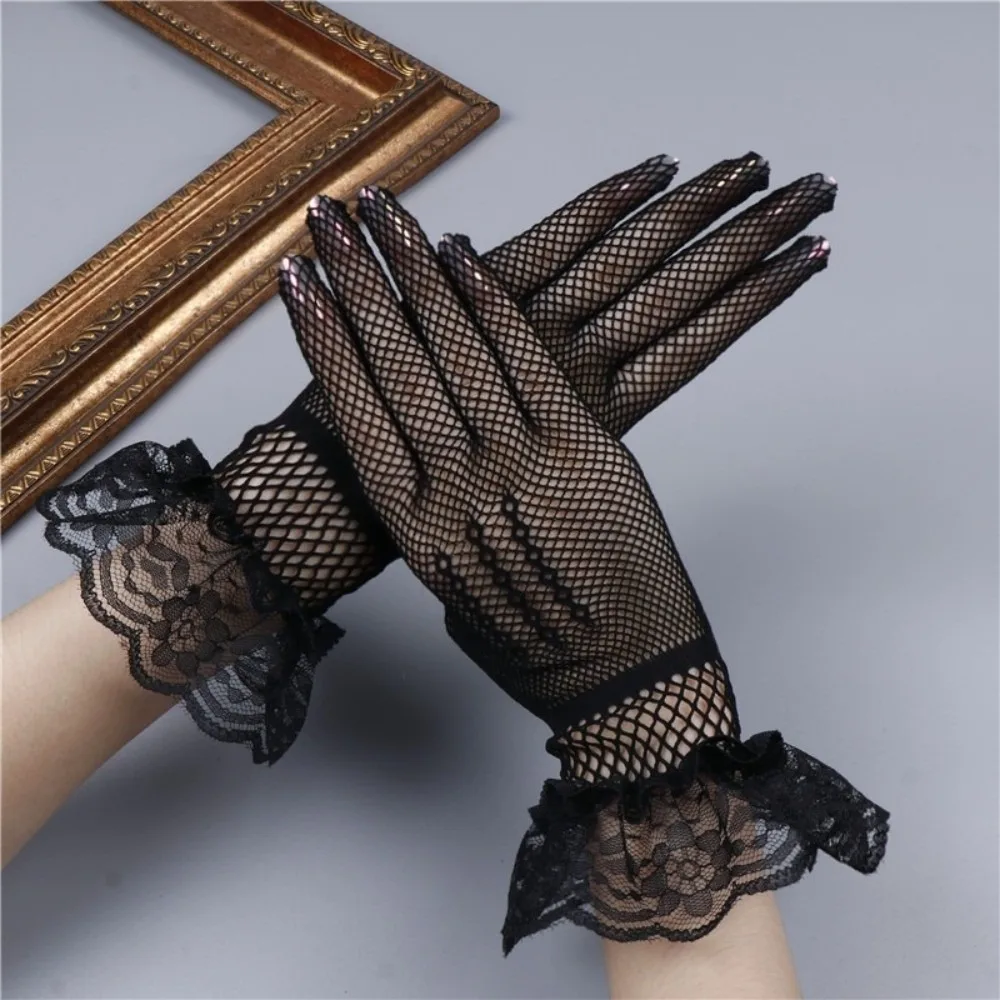Soft Ruffle Lace Mittens Hollow Out Full Finger Fishnet Mesh Gloves Thin Mesh Driving Gloves