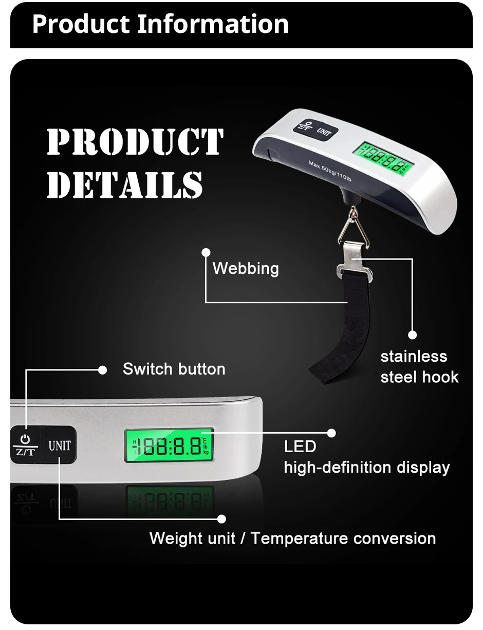 1pcs Portable Scale Digital LCD Display 110lb/50kg Electronic Luggage Hanging Suitcase Travel Weighs Baggage Bag Weight Balance