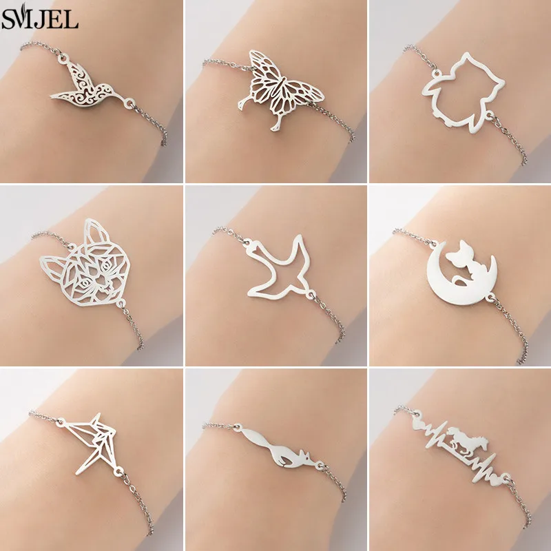 Minimalist Butterfly Charm Bracelet for Women Cute Hummingbird Cat Fox Animal Bracelets Stainless Steel Jewelry Pulseras Mujer