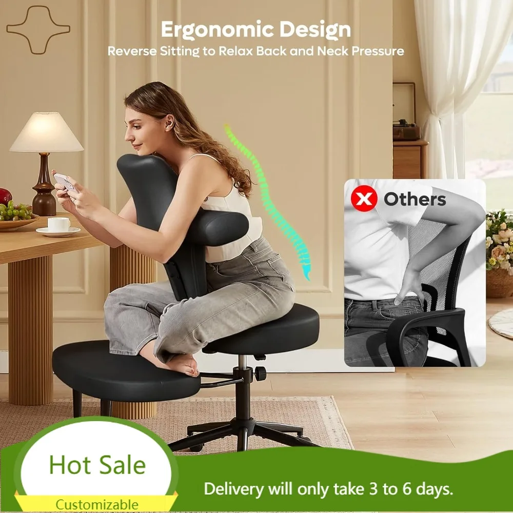Ergonomic Cross Legged Office Chair Extra Wide for ADHD, Kneeling Chair 360° Swivel Wheels, Adjustable Height, PU Leather Black