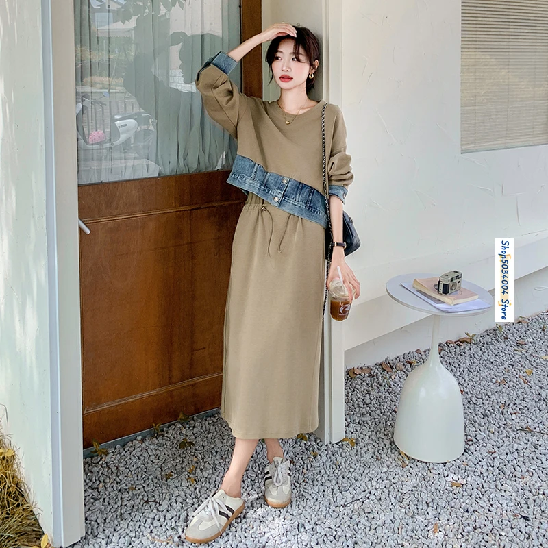 

Fashion Spliced Denim Long Sleeve O-neck Loose Khaki Pullover Hoodie High Waist Long Skirt Women Two Piece Sets Outfit Girl 2018