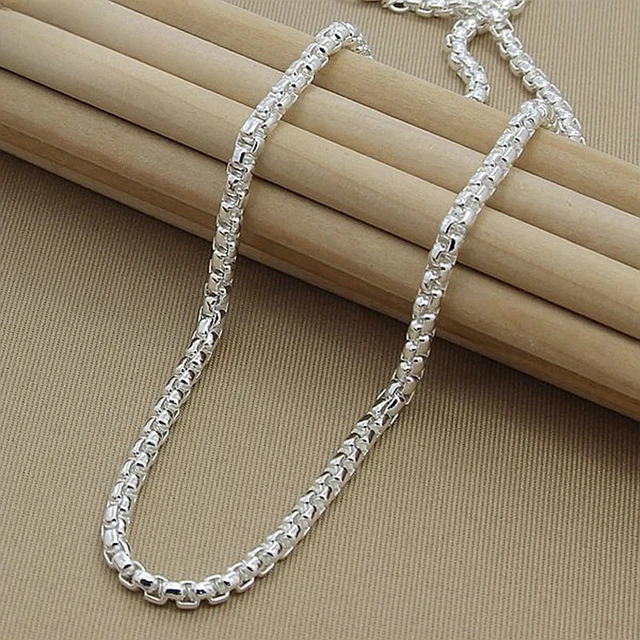 Srebrny łańcuszek próby 925, okrągły, typu box chain, 20 cali, naszyjnik dla kobiet i mężczyzn, modna biżuteria ślubna, zaręczynowa, z zawieszkami.