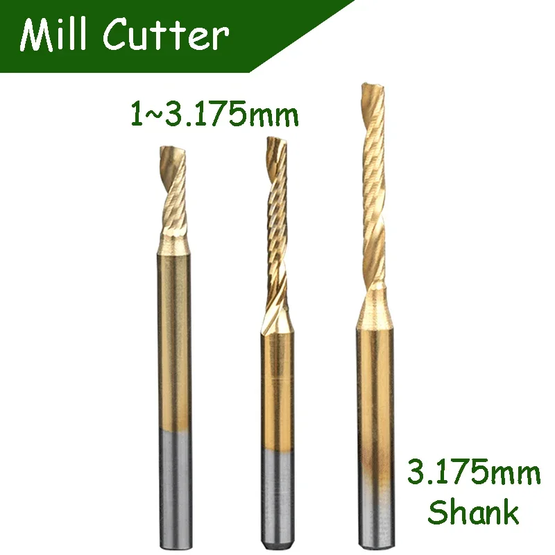 

Single Flute Spiral End Mill 3.175mm Shank Carbide Router Bits For Aluminium Board PVC / Resin / Plastic Drilling End Mills