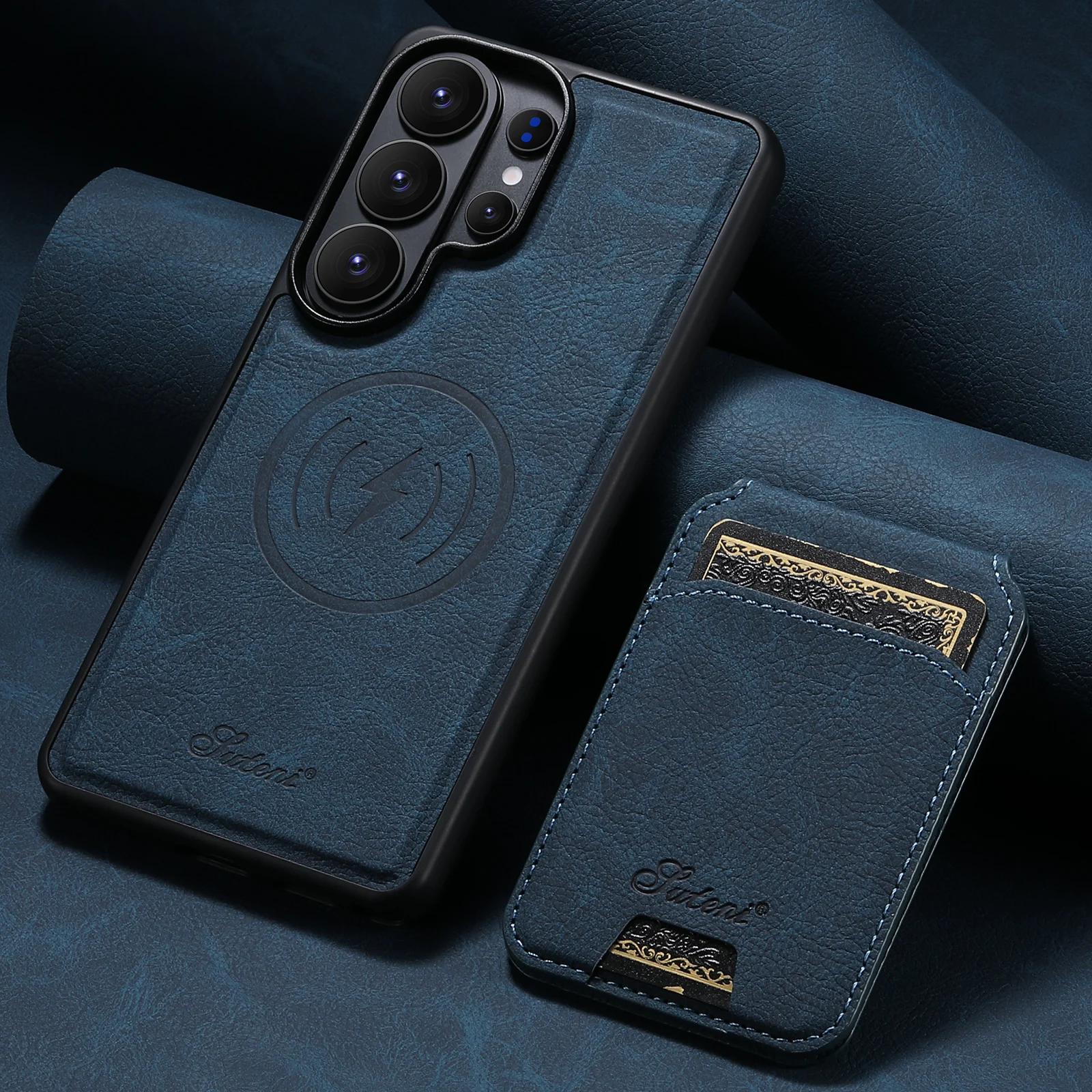 SUTENI Kabellose Lade-Handyhülle mit Magnetkartenhalter und Ständer aus Kunstleder für Samsung Galaxy S26 Ultra S25 Plus S24 S23+