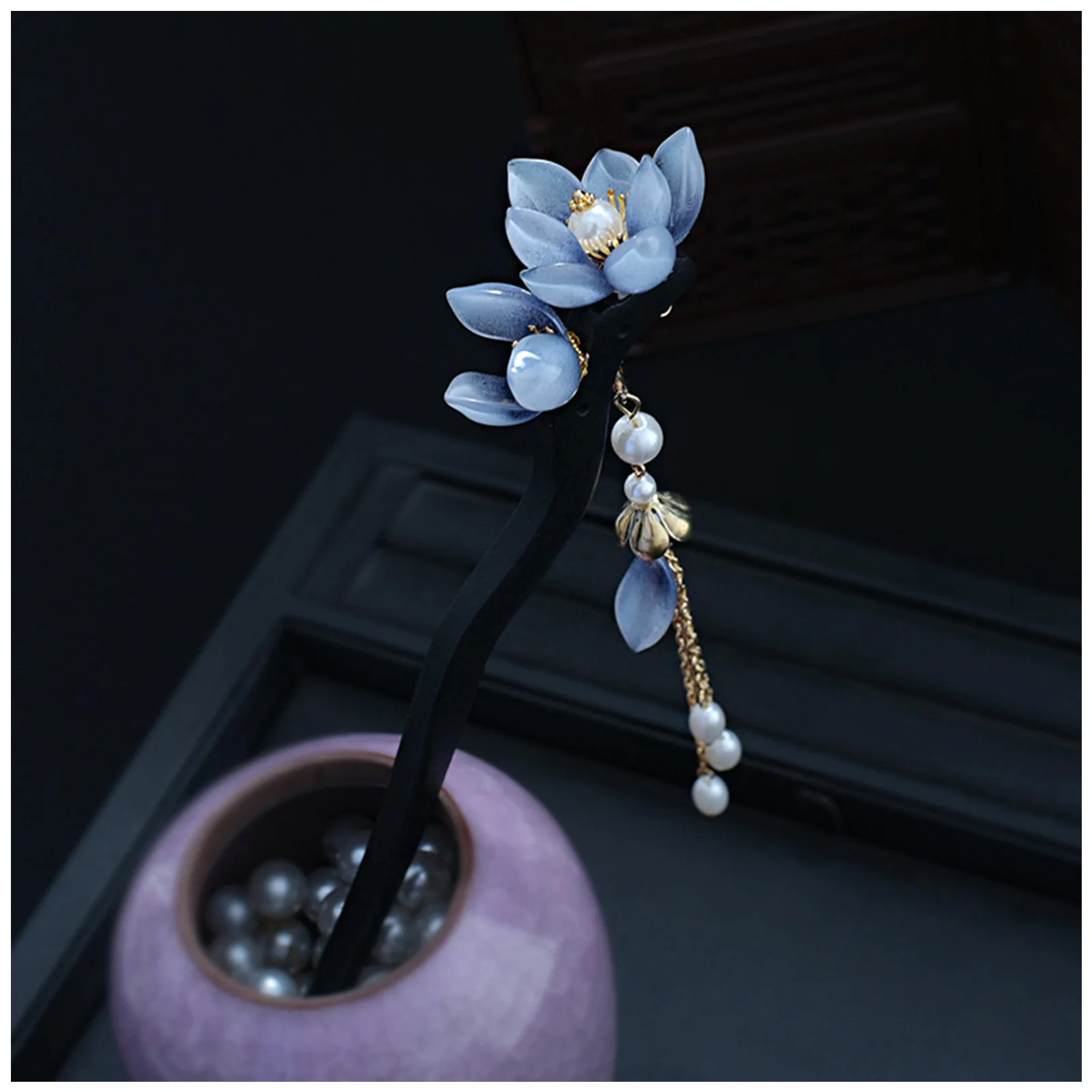 ดอกไม้สีฟ้าผม Vintage Pearl พู่ Hairpin ส้อมสําหรับผู้หญิงจีน Hanfu งานแต่งงานอุปกรณ์เสริมผม Fairy ไม้ Headwear