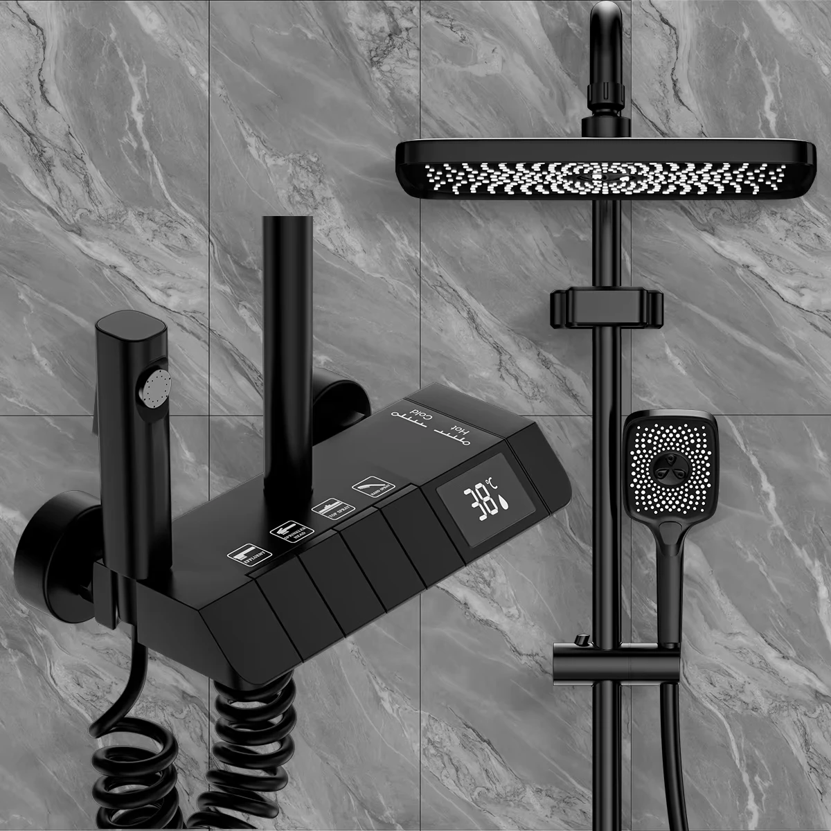 Digital Display Shower Set Rainfall Bathroom Shower Faucet Kit With Bidet Wall Mounted Brass Hot Cold Water Mixer Tap System