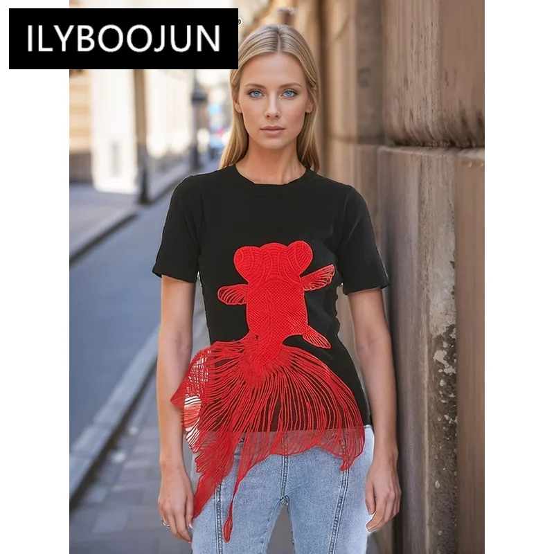 

ILYBOOJUN Hit Color Loose Short Sleeve T Shirt For Women Round Neck Colorblock T Shirts Female Fashion Summer Clothing New