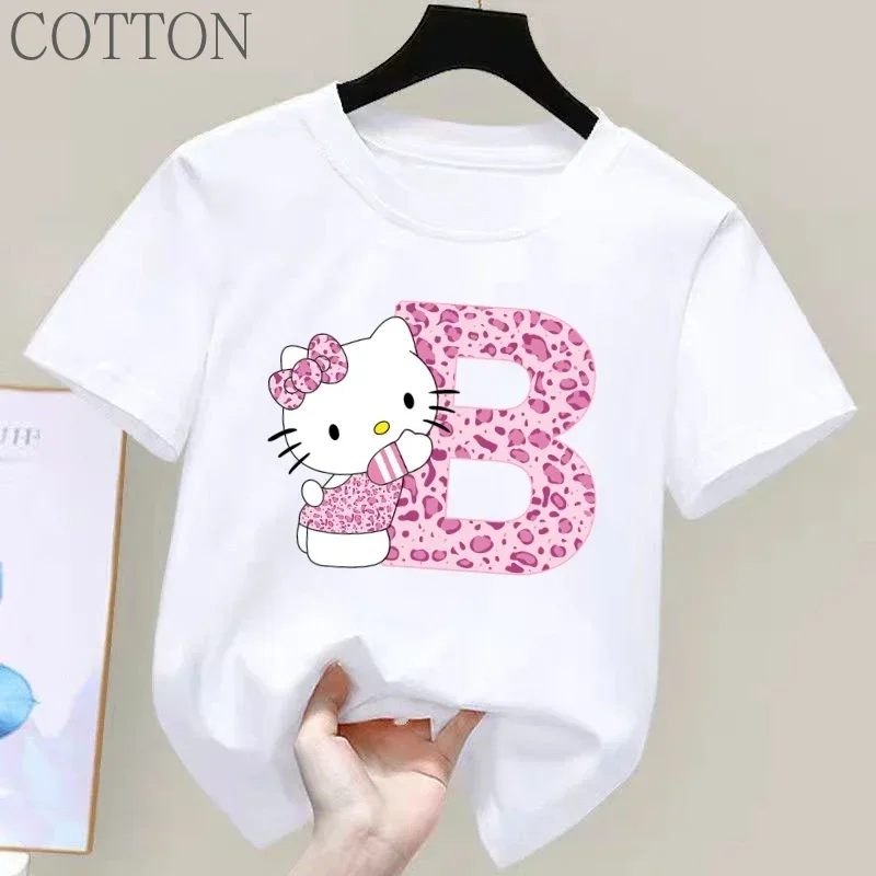 Summer Hello Kitty Letter A-Z Children Short Sleeved Cotton T-shirt Cartoon Printed Top Kid Girl Clothing Birthday Gift Baby Tee