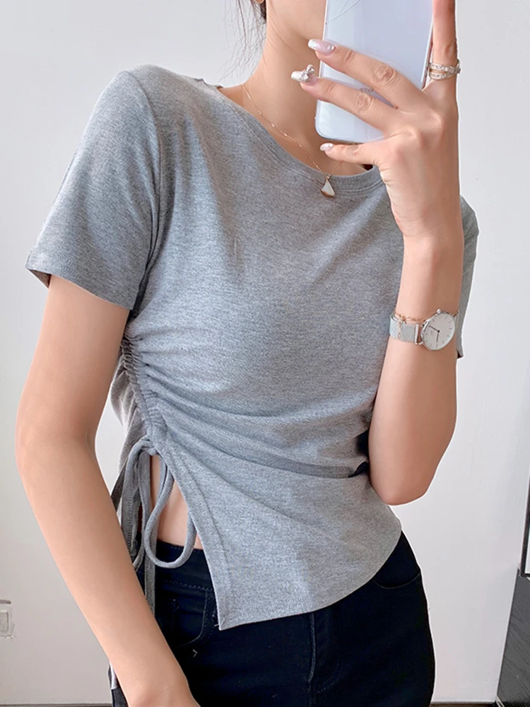 2023 Summer New Drawstring Short Sleeve T-shirt Women's Shoulder Short Top In Fashion