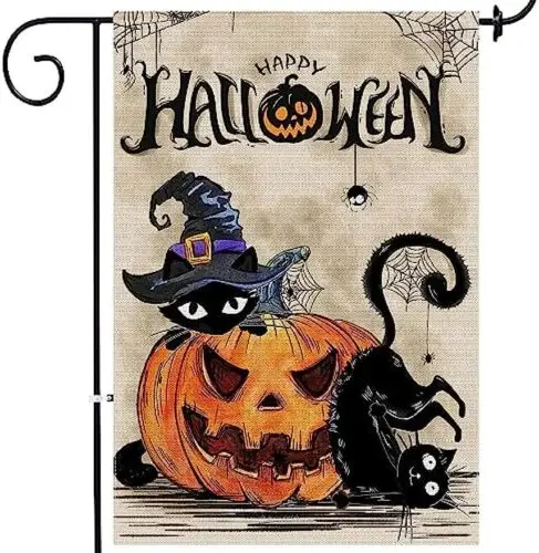 Halloween Garden Flag 12x18inch, Pumpkin Lantern Black Cat Halloween Flag, 2pcs