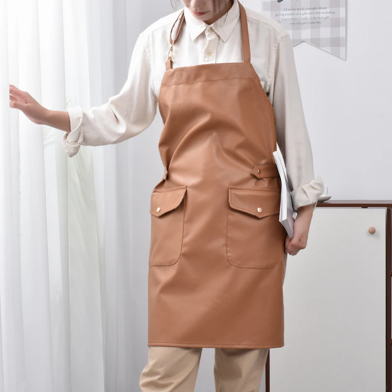 PU leather waterproof apron oil-proof home kitchen cooking simple style men and women fashion custom work waiter apron