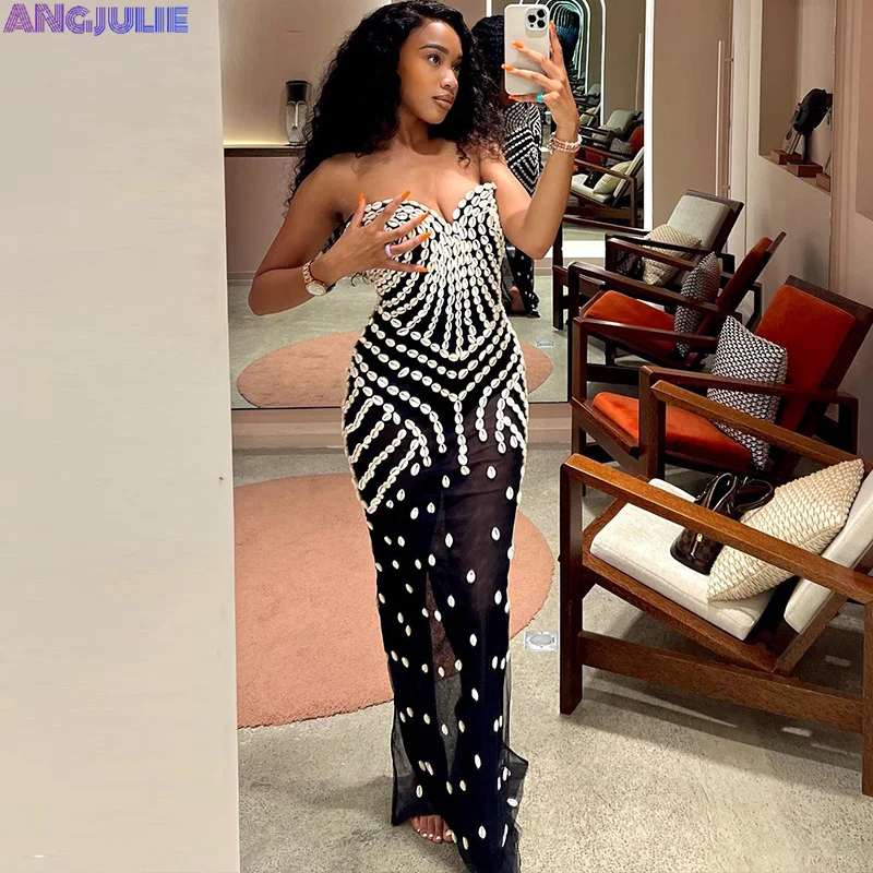 

Angjulie Fake Two Piece Printing Maxi Dress For Women Summer Outfits 2023 Elegant Strapless Mesh Inner Bodysuit+Outer Long Dress