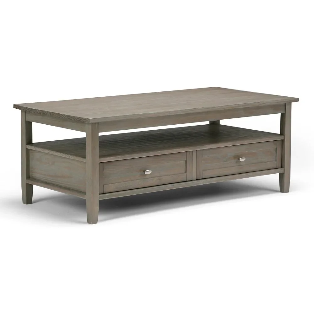 Coffee Table Warm Shaker Solid Wood 48 Inch Wide Rectangular Transition, Distressed Grey for Living Room and Family Room