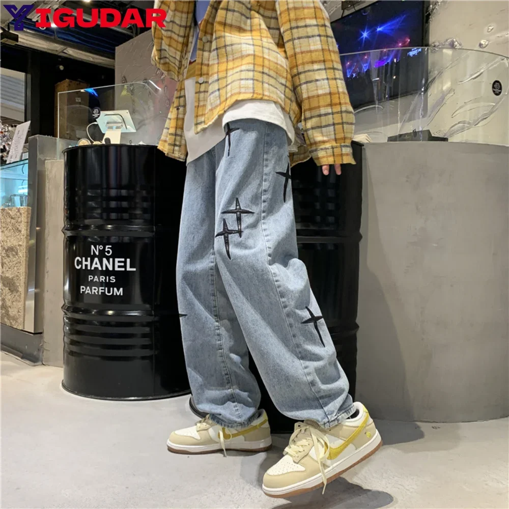 

Женские джинсы High Street Tide, брендовые прямые свободные кожаные джинсовые брюки в стиле хип-хоп с перекрестной звездой в стиле ретро, всесезонная одежда y2k