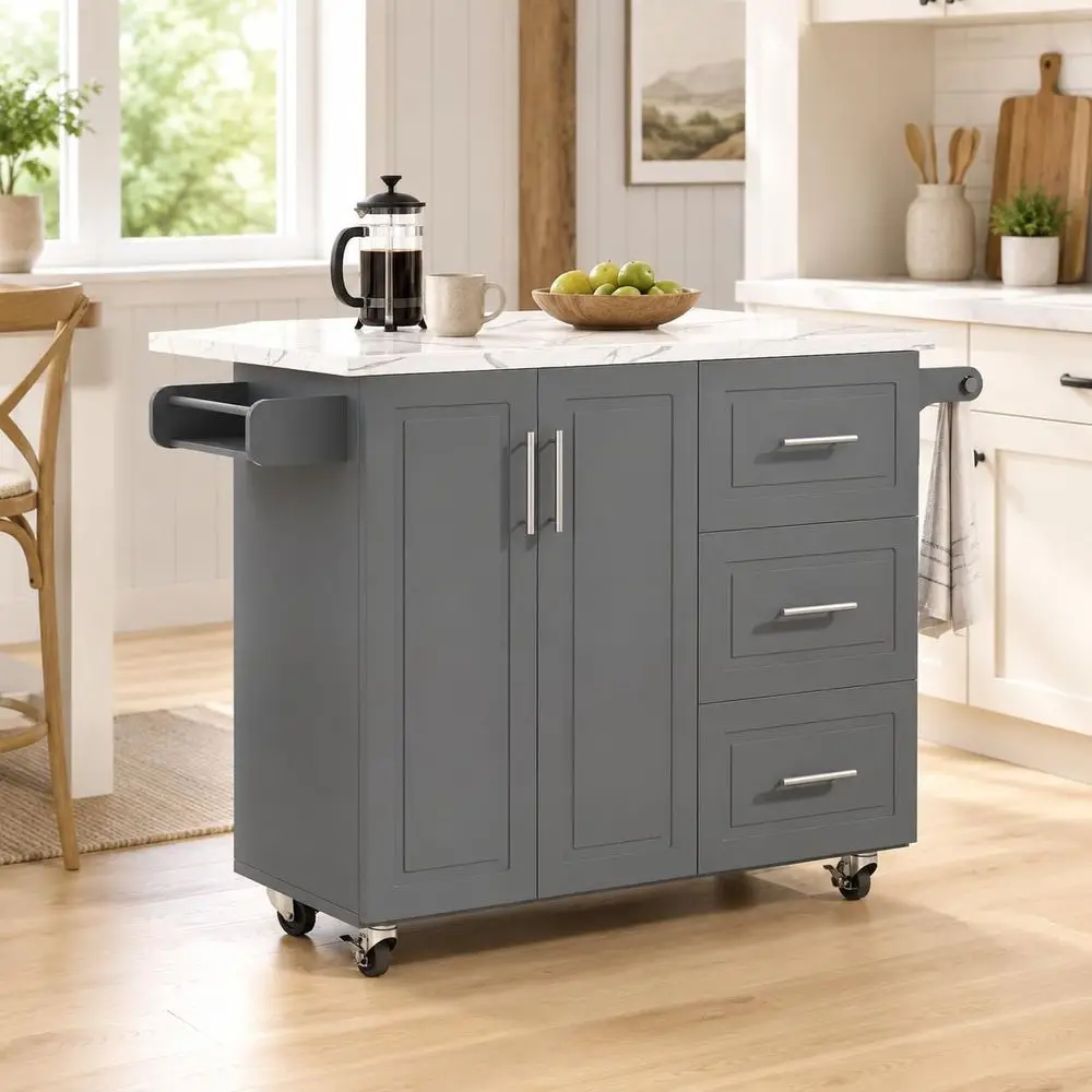 Kitchen Island on Wheels with Storage and Drop Lea, aux Marble Texture Tabletop, 43