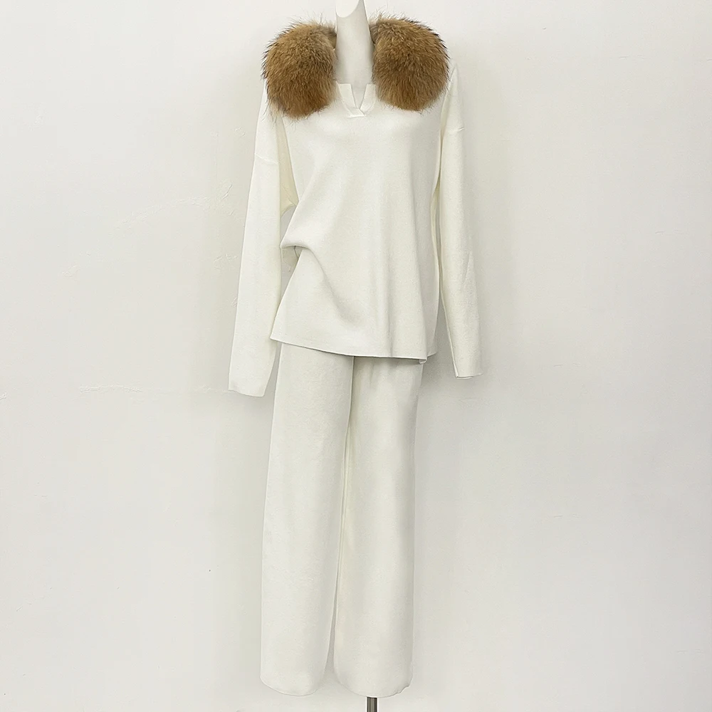 Sweater Knitted Suit Woman Reality Knitwear Knitted Set Female Real Fox Fur Collar Clothes Real Fur Pullover New Spring Autumn