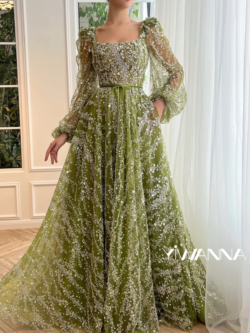 Delicated Floral Embroidered Evening Dress For Women Romantic Puff Sleeve Wedding Party Gown Customized Green A-line Prom Gown