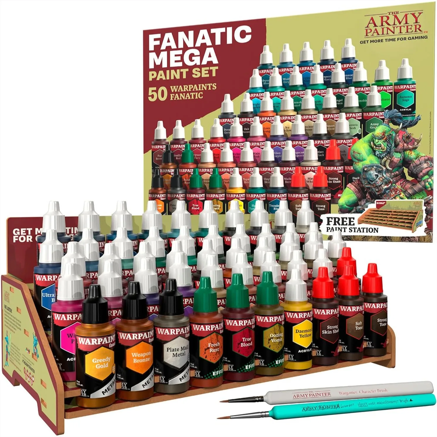 

50 Acrylic Model Paint Set with 4 Skin Tones, Metallics, Effects, Washes, Free Paint Station & 2 Brushes for Miniatures
