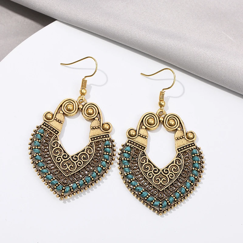 Bohemian Vintage Fashion Rope Wrap Earrings For Women Carved Hollow Geometric Drop Dangle India Earrings Boho Jewelry Wholesale