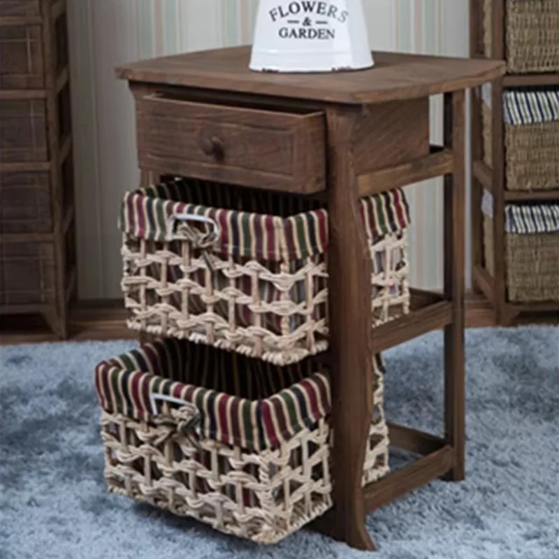 European Style Rattan Nightstand, Multi-Tier Vintage Storage Cabinet, Simple Farmhouse End Table for Bedroom Living Room