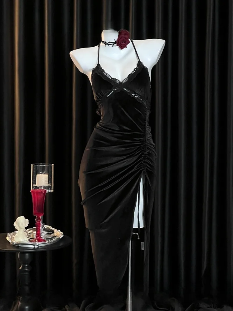 

Velvet High Slit Halter Nightgown,Sexy Backless Lingerie for Women,Feminine and Alluring Sleepwear,Seductive Pajamas for Date