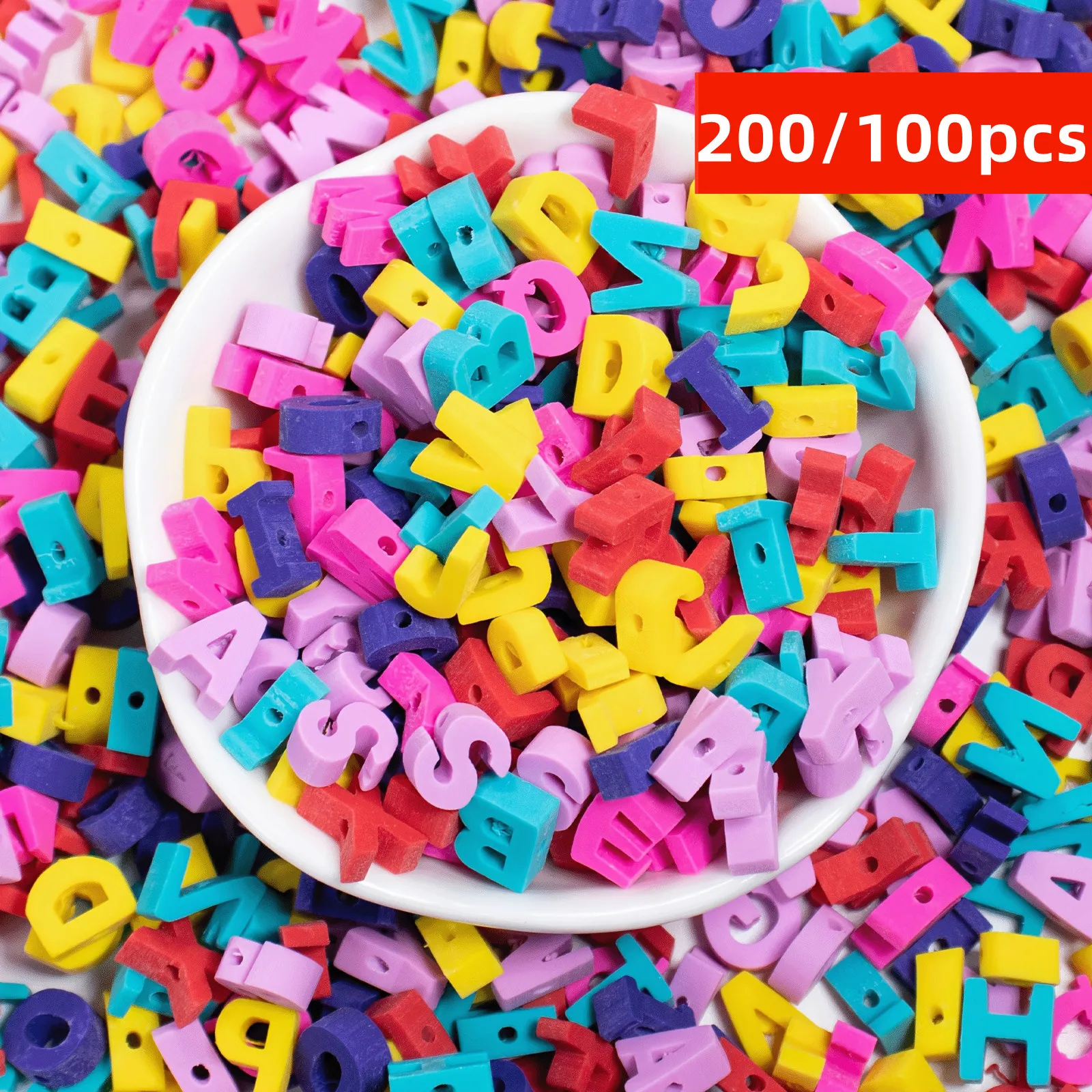 200/100pcs 10mm Random Letters Mix Color, Polymer Clay Beads, For DIY Jewelry Making Bracelet Keychain Accessories