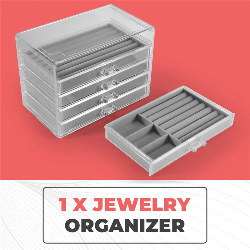 AF89-منظم المجوهرات مع 5 أدراج صندوق مجوهرات أكريليك شفاف هدية حامل عرض القرط المخملي القابل للتكديس #4