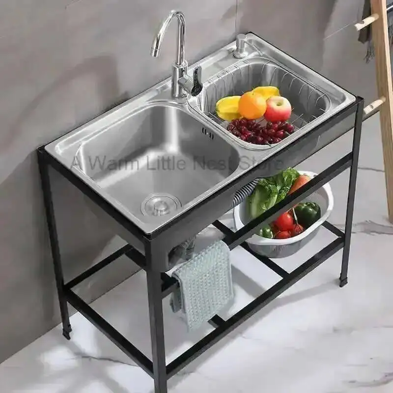 

Thickened Single Dishwashing Sinks Home Floor-standing Kitchen Sinks with Bracket Stainless Steel Double Slot Basin with Shelf