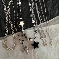 Vintage Goth Cool Star Pendant Beaded Silver Color Chain Necklace For Women Men Aesthetic Kpop Grunge Y2K EMO Jewely Accessory