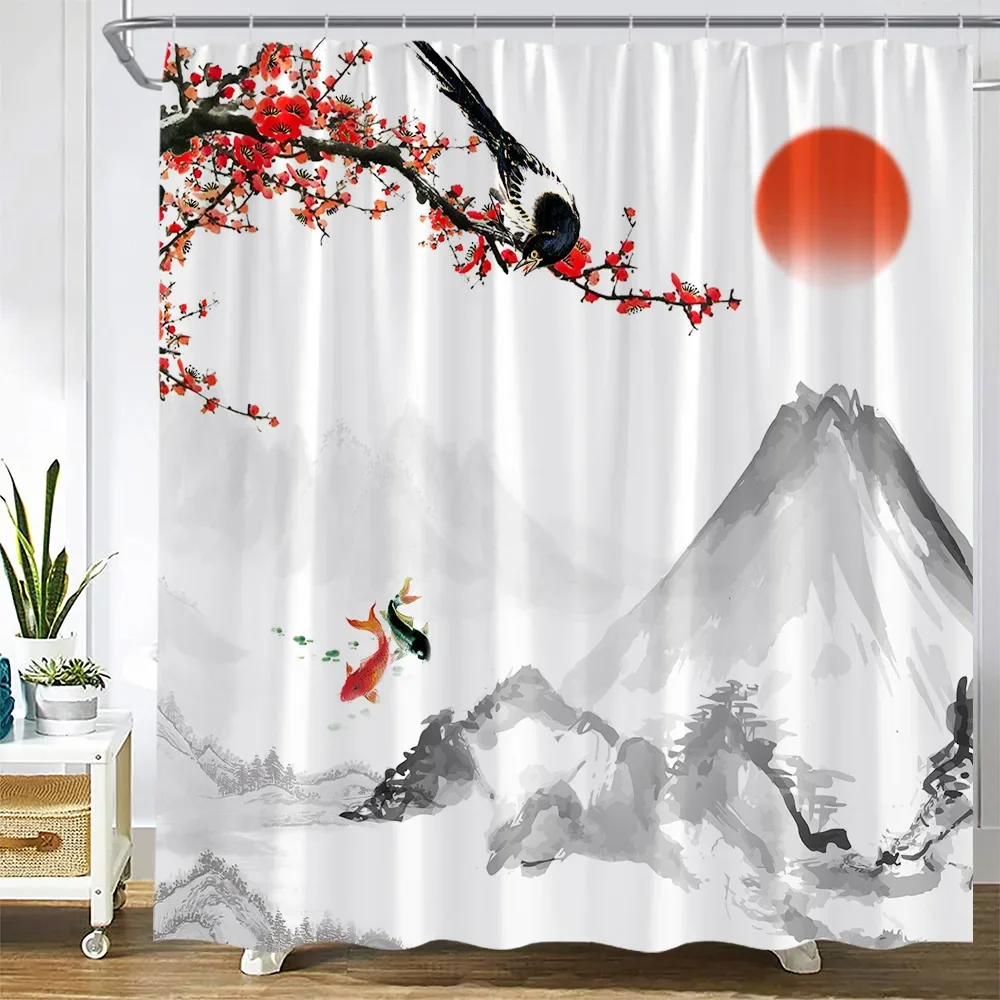 Flower Carp Shower Curtains Bird Red Floral Koi Fish Ink Plants Mountain Water Landscape Fabric Bathroom Decor Bath Curtain Sets