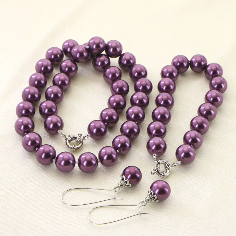 Accessories Christmas Gift 12mm Purple Round shell Pearl Beads Necklace Bracelet Earrings Sets Jewelry Making Design Women Girls