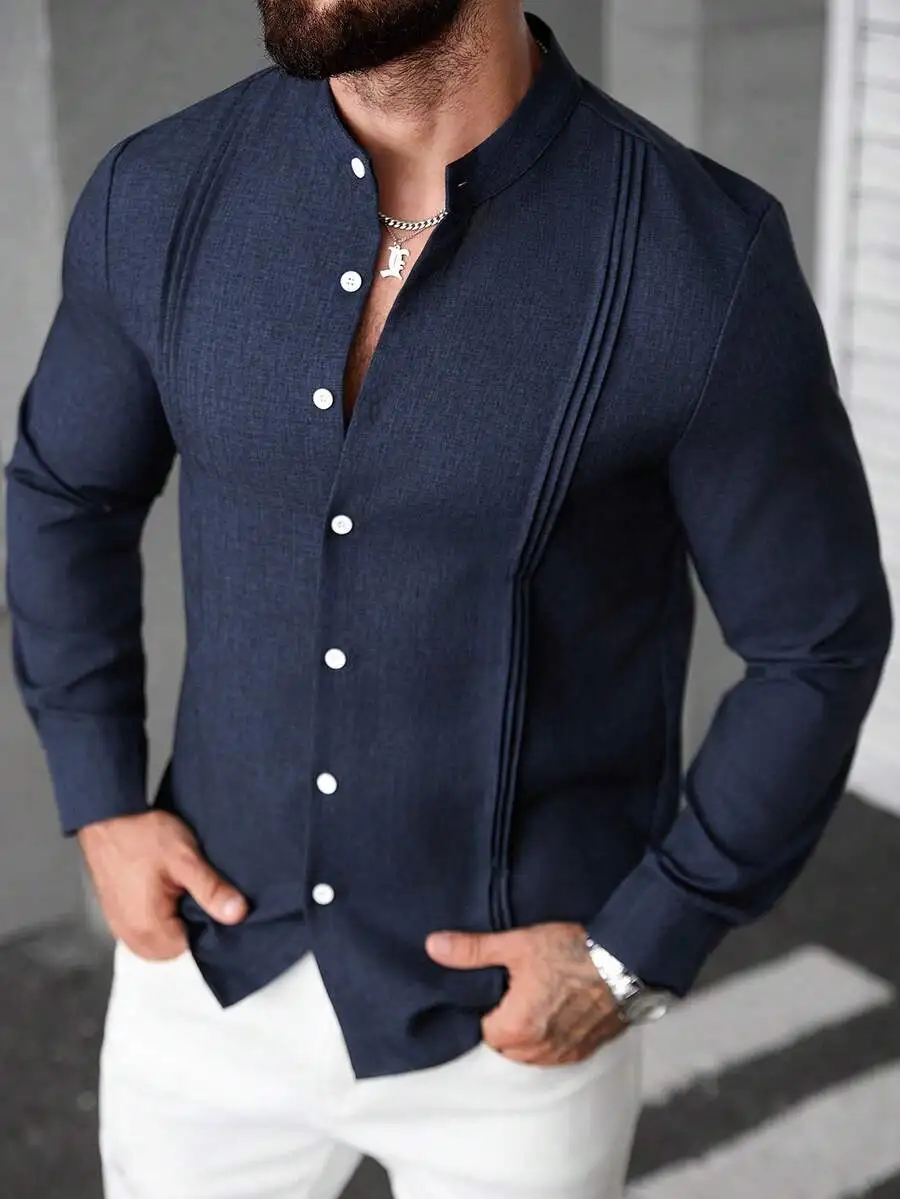 

Men's Navy Blue Stand Collar Button-Up Long Sleeve Casual Shirt