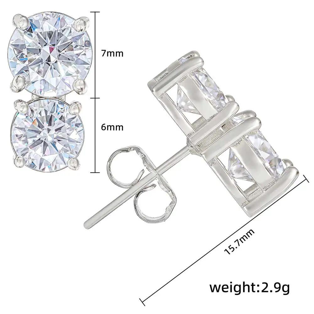 ESKEEM Custom New 925 Sterling Silver Moissanite Earrings with Two Round 7MM and 6MM Size VVS Moissanite Stud Earrings Unisex