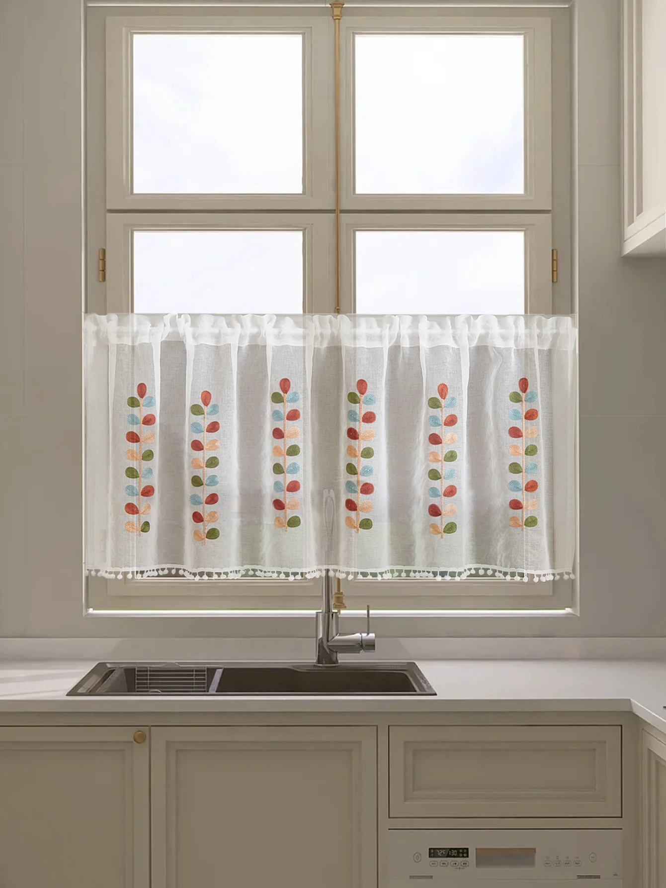 Four color branch Embroidered Semi Sheer Curtain Kitchen Tiers Half Window Sheer Curtains Rod Pocket Voile Drapes for Kitchen Ba