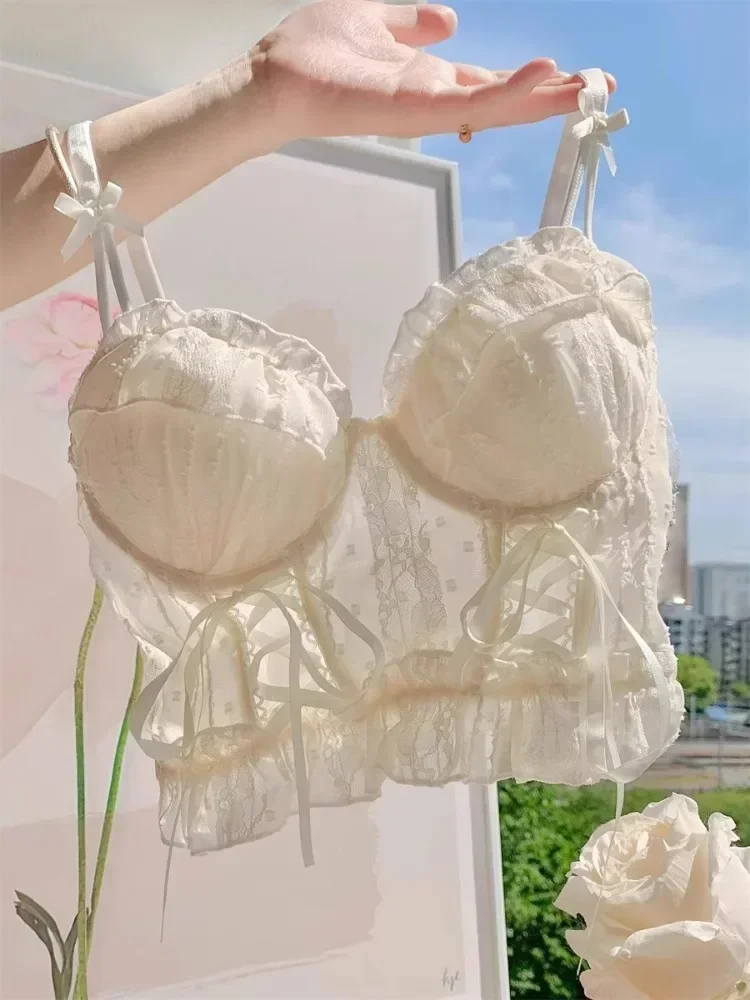 MOYISU【Seno】 Reggiseno dolce giapponese in pizzo Sexy Puro desiderio Piccolo petto Mostra grande biancheria intima push-up Cinturino incrociato femminile