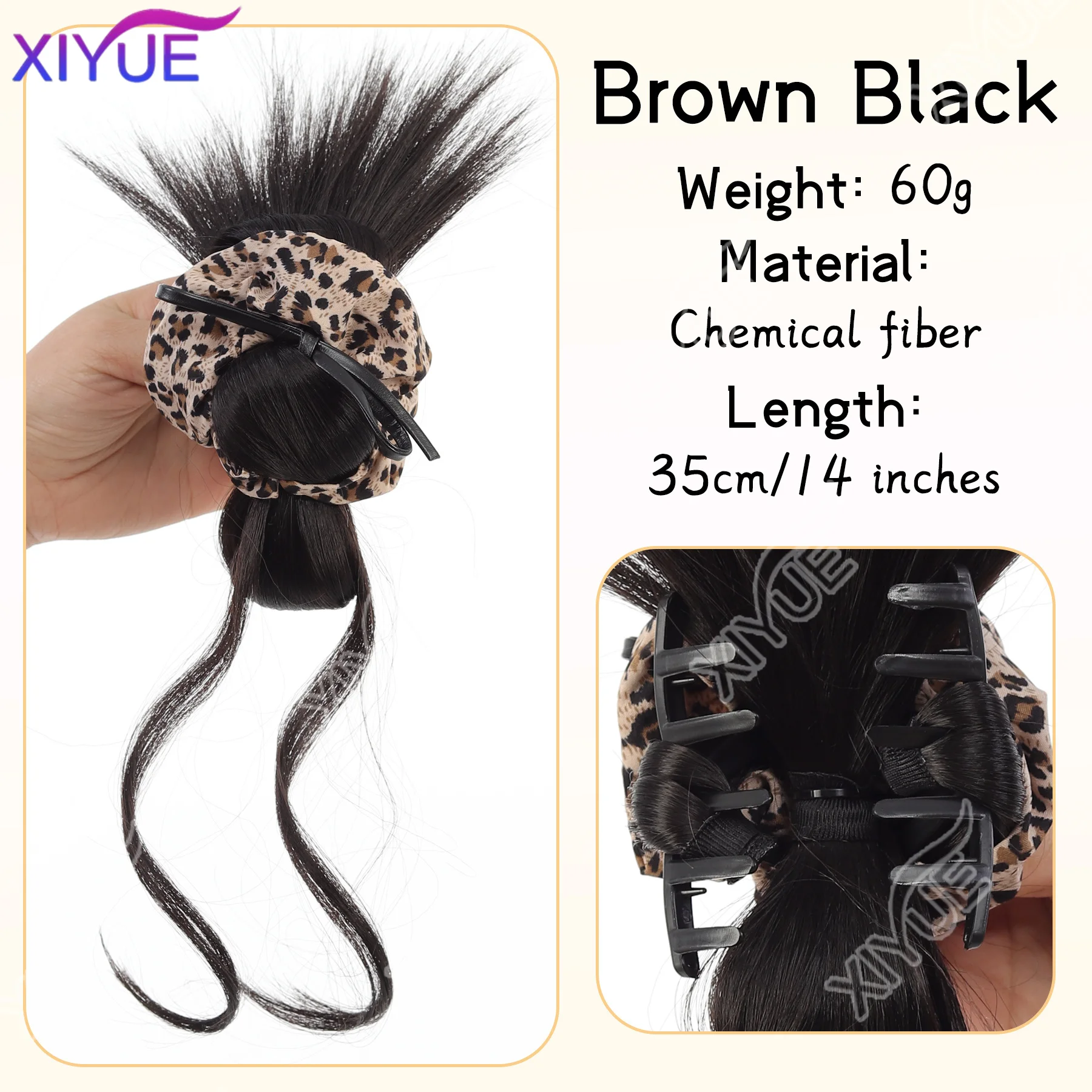 Xiyue coque de cabelo sintético, clipe de garra, estampa de leopardo com laço de cabelo, peruca, laço, estampa de leopardo, pena de frango, bigode de dragão