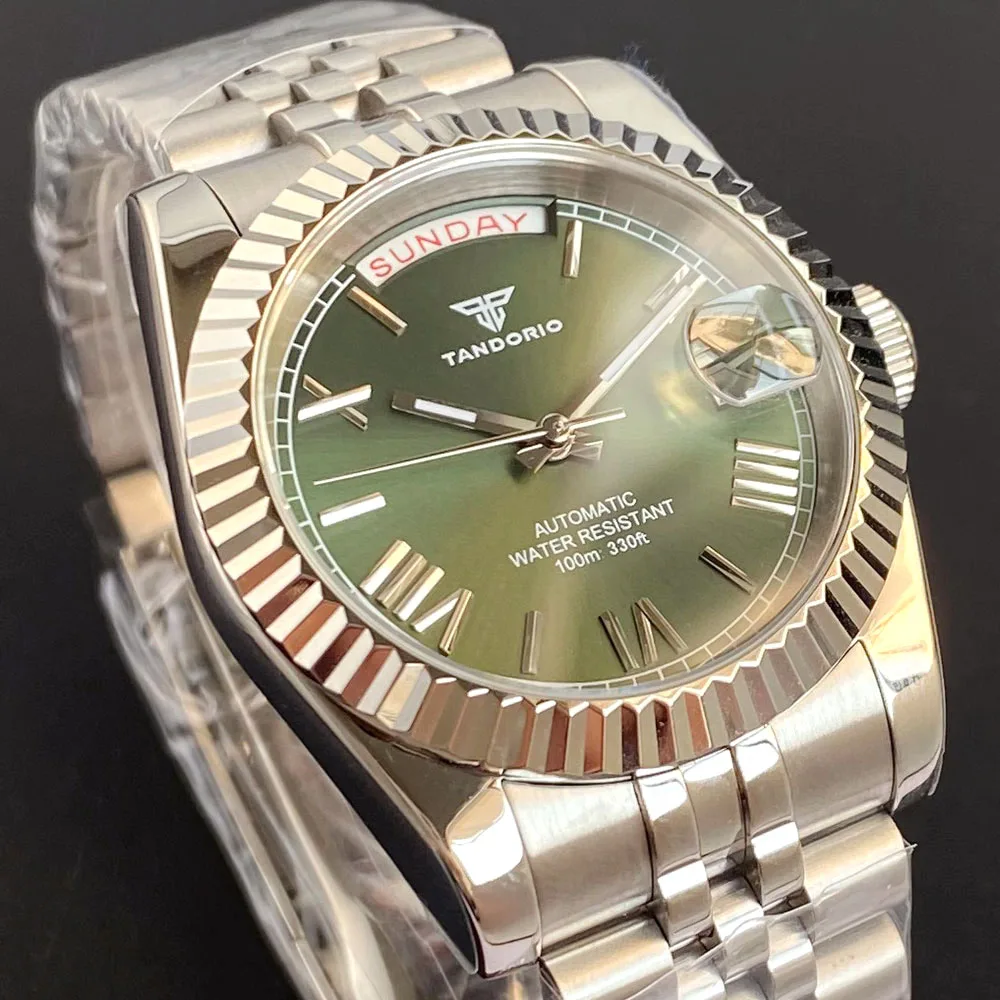 مخصص جديد كلاسيكي يوم تاريخ الزيتون الأخضر الهاتفي الياقوت الزجاج 200 متر مقاوم للماء اليابان NH36A ساعات آلية أوتوماتيكية للرجال