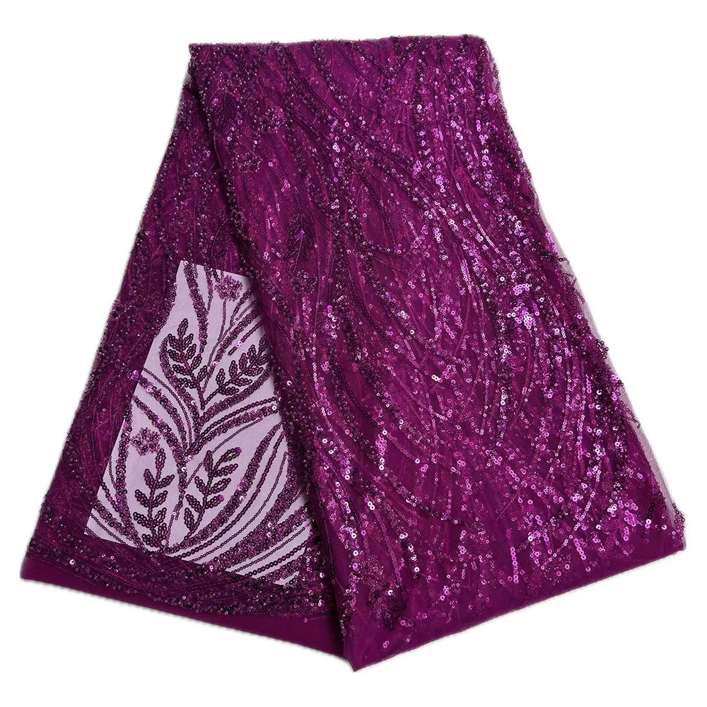 最新の高級スパンコールビーズ付きレース生地、フランス製メッシュチュール素材、5ヤード、縫製、結婚式、イブニングドレス、女性用ビーズレース