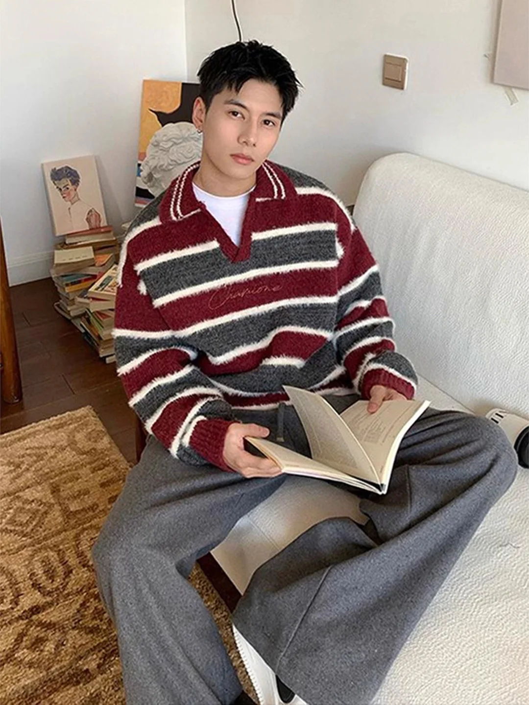 

Red Seagull V-Ne Knitwear Men's Base Layer irt Casual Sle Striped Long Sve Winter Warm Thiened Knitted Top
