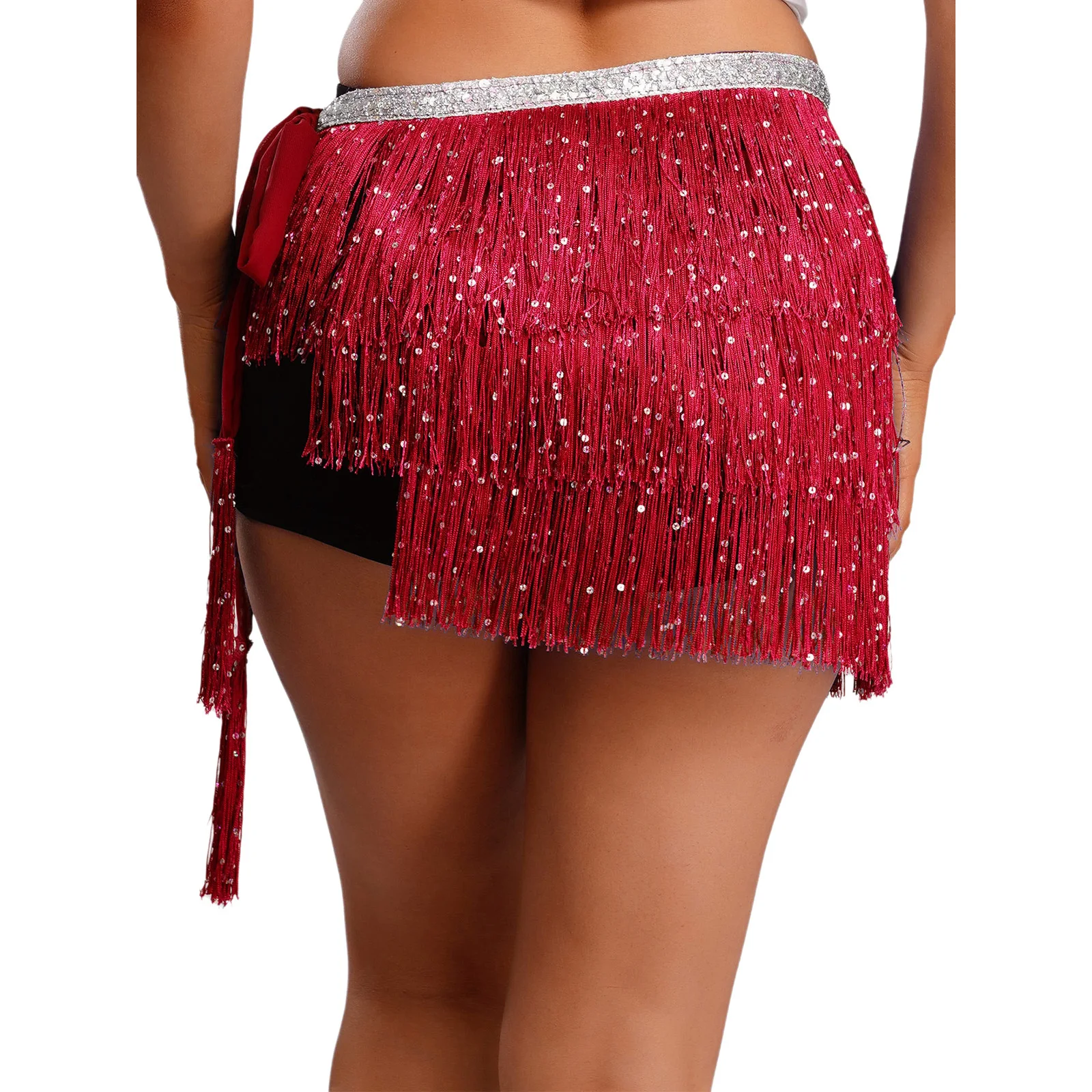 Women Belly Latin Cha-cha Jazz Dance Hip Scarf Waist Chain Sequin Tiered Tassel Lace-up Waist Skirt Hip Wrap Dancing Skirts