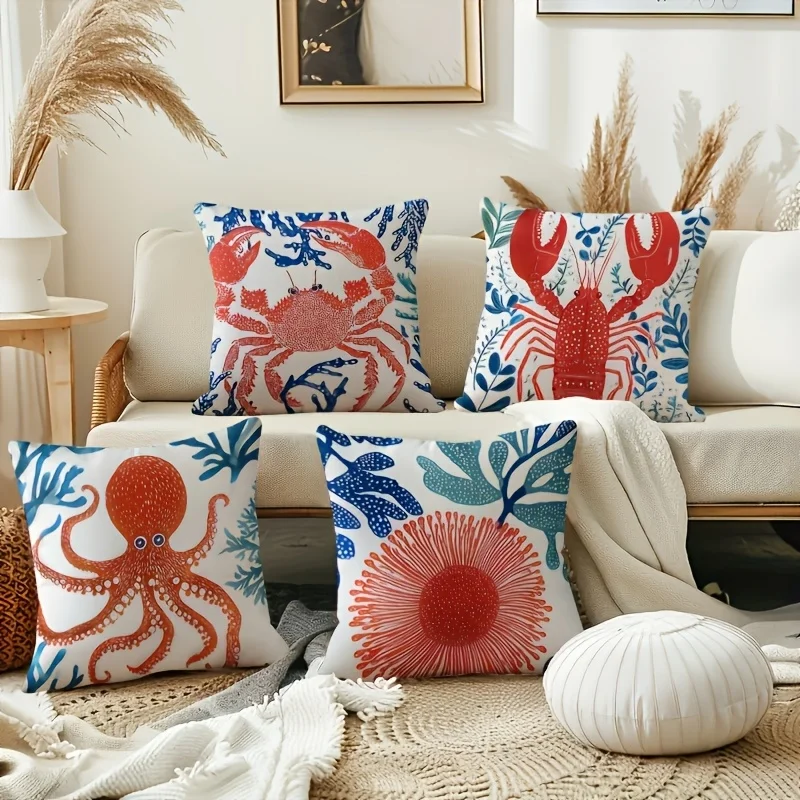 1pc Nautical Coastal Lobster Crab Octopus Coral Throw Pillow Cover 2D Double-Side Print Polyester Cushion Case for Bedroom Cot