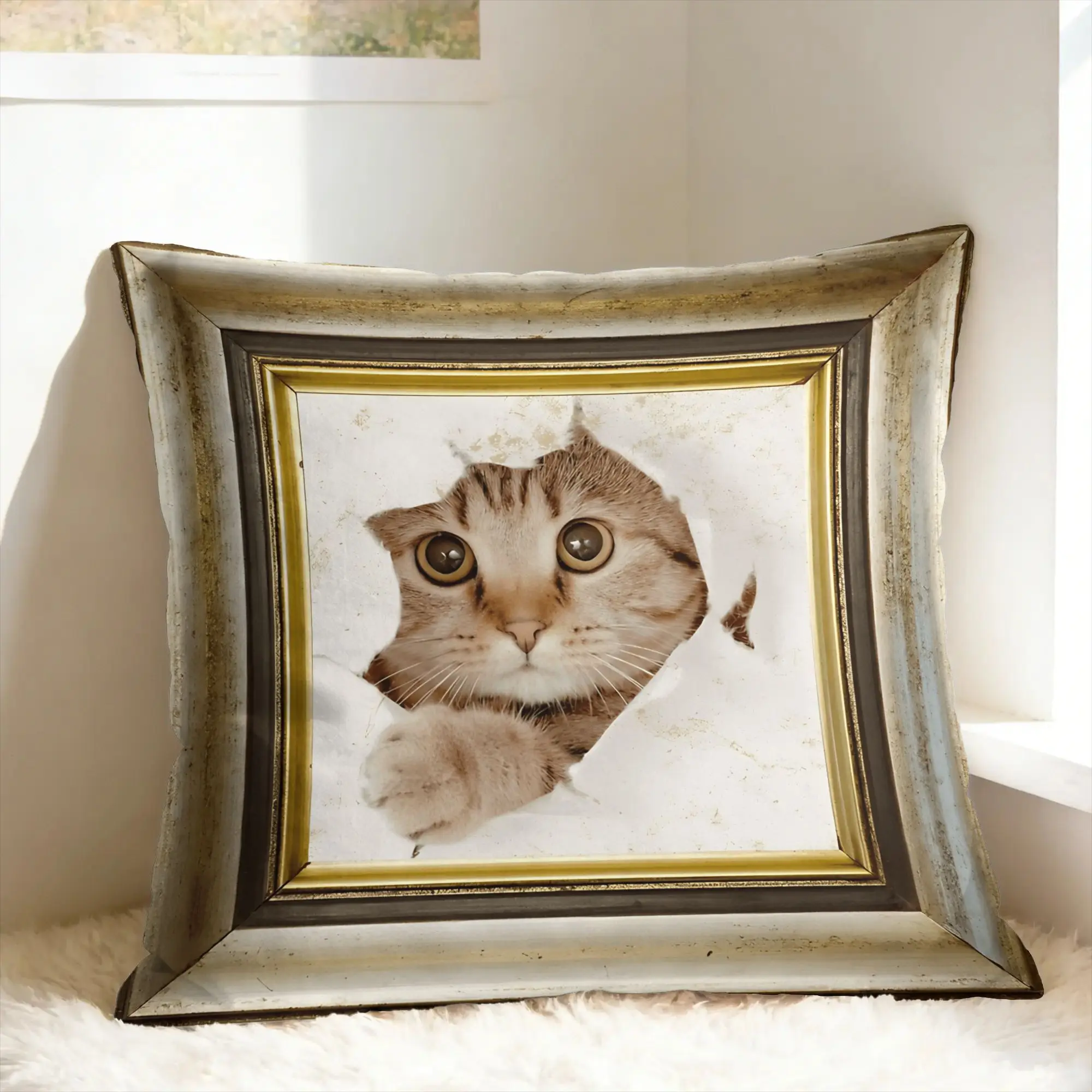 Cute Caroon Cat Portrait Photo Frame Art Pillowcases  Kawaii Pillow Case For Sofa Bedroom Home Decor Comfy Pillow Cover