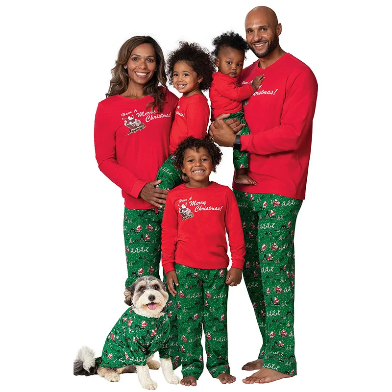 Matching Family Christmas Pajamas Set Santa Claus Letter Print Long Sleeve T-Shirt Elk Print Pants Dog Costume Included