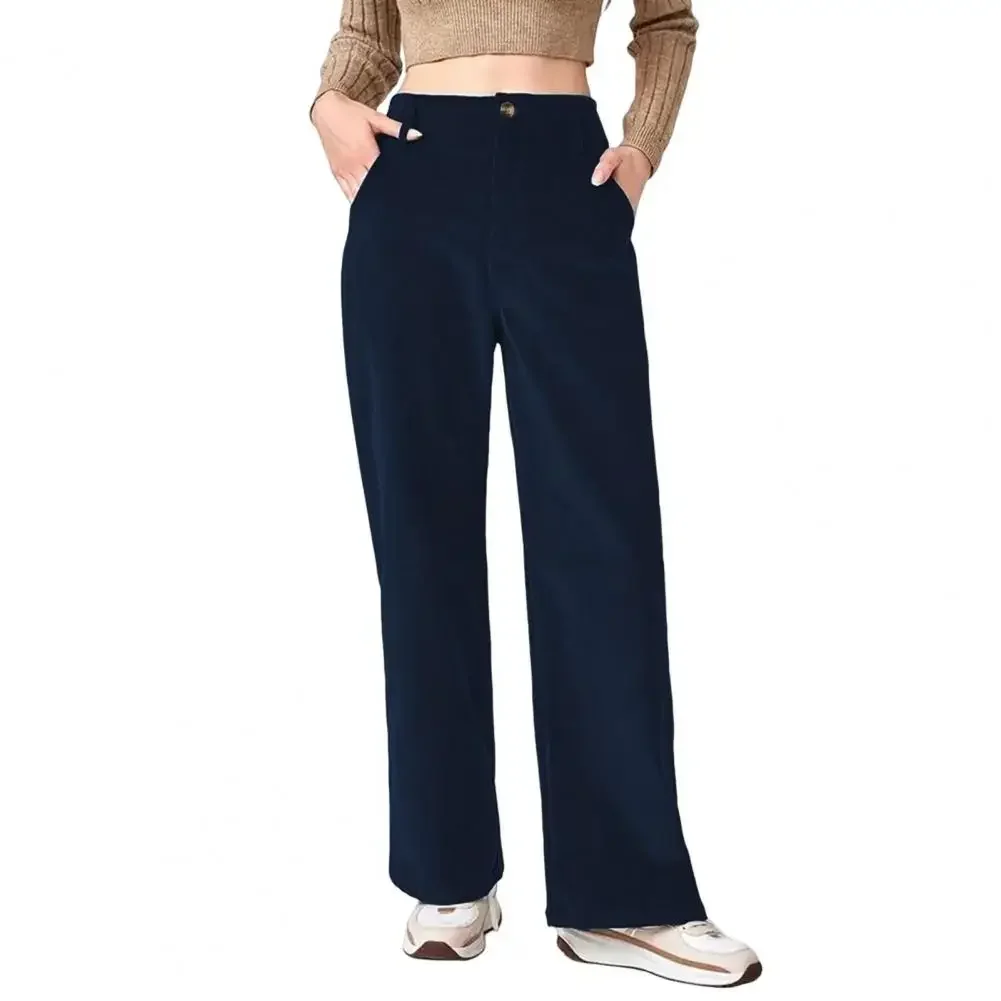 Damskie spodnie sztruksowe z wysokim stanem, z kieszeniami, luźne spodnie z szerokimi nogawkami, uniwersalne do noszenia na co dzień jesienią.