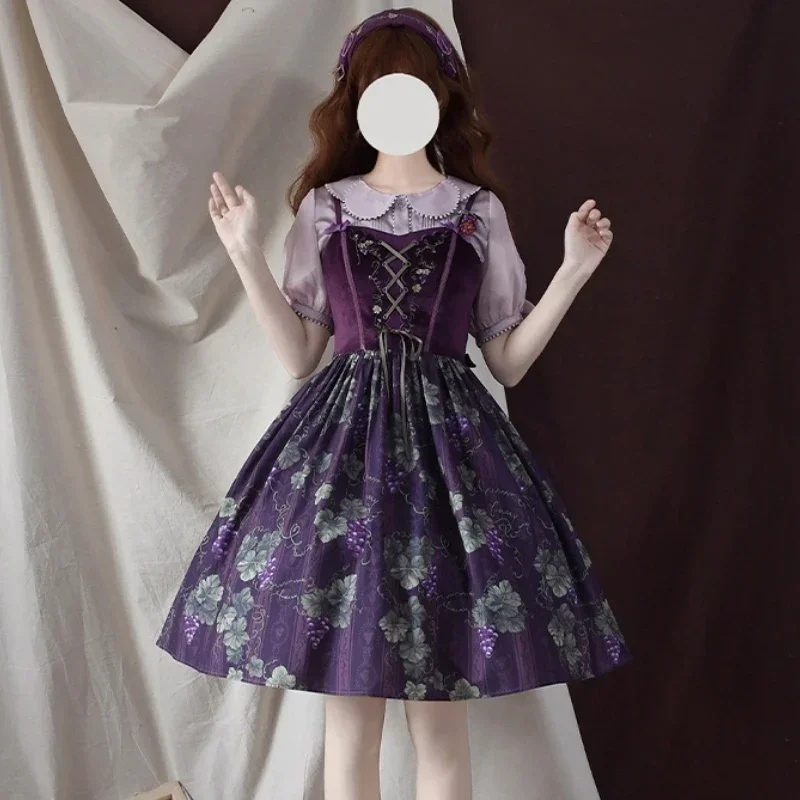 Victorian Gothic Lolita Jsk Dress Vintage Elegant Women Christmas Purple Grape Print Princess Dresses Girls Kawaii Cute Vestidos