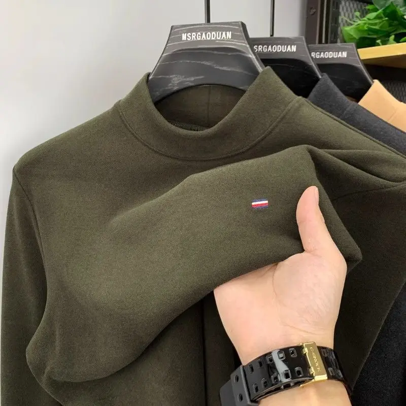 German Velvet Brushed Bottom Shirt for Men Half High Neck Warm Sweatshirt for Men Long Sleeved T-shirt for Inner Layer